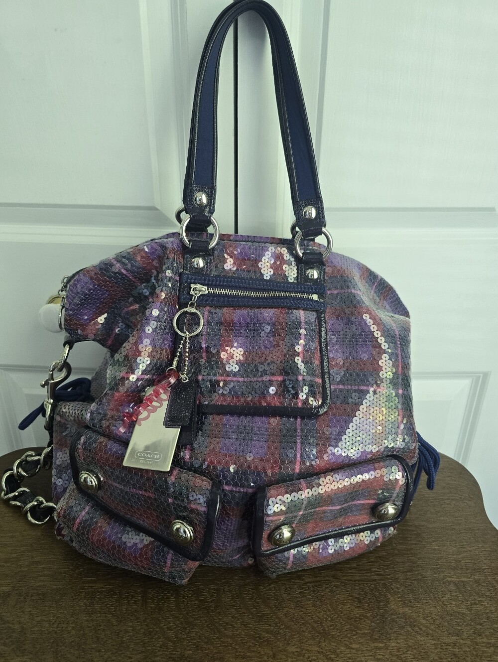 Coach Poppy Sequined Tartan XL Bag. Rare 15890 Excellent Shape. 3 Hang Tags, Y2k